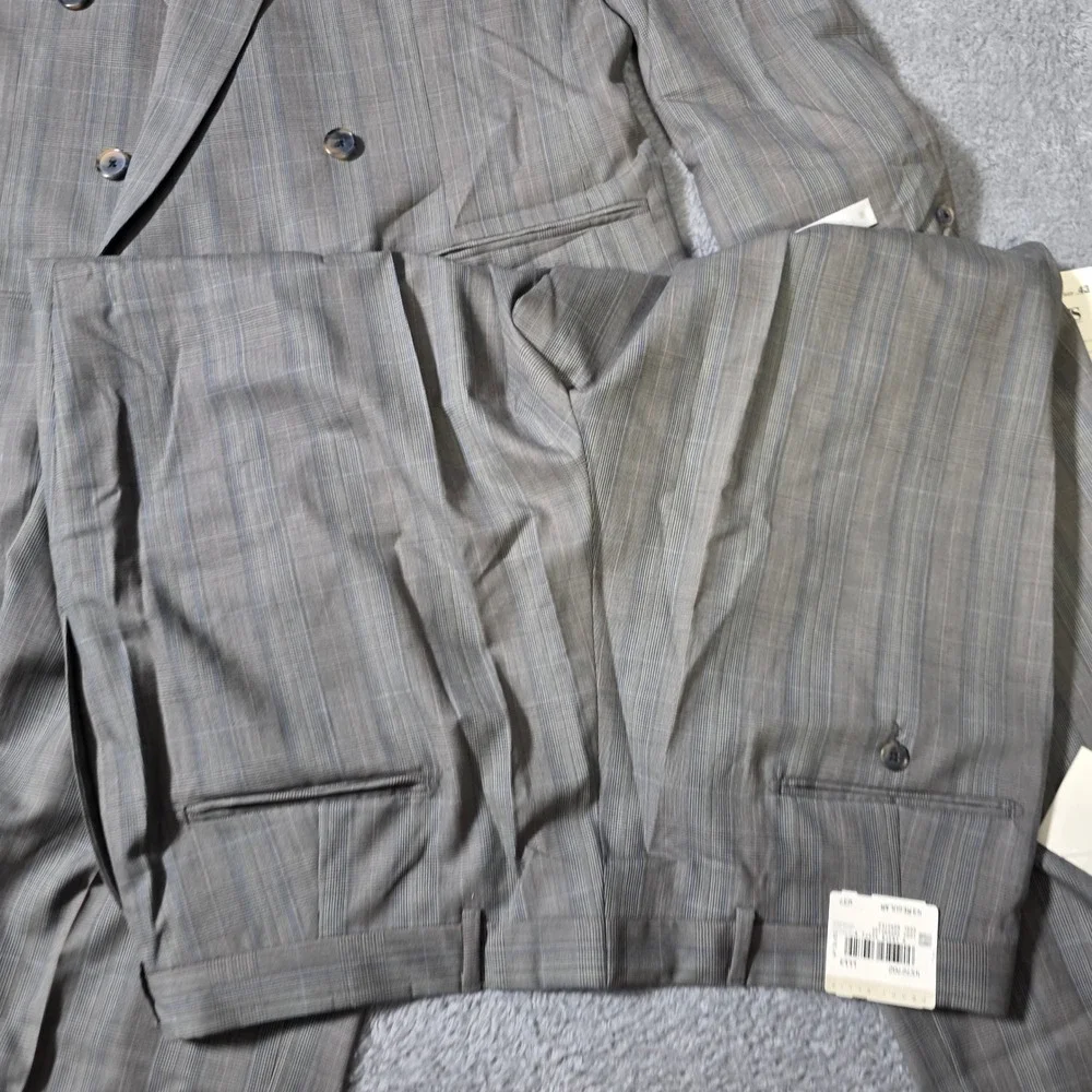 Perry Ellis Mens 43R 36x37 Suit Grey Glen Plaid Double Breasted Wool Vintage